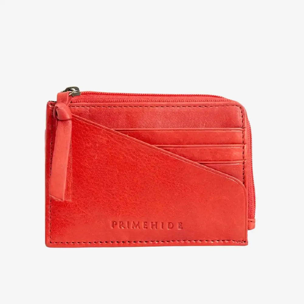 Red leather wallet with a zipper on a white background