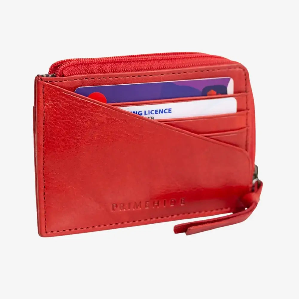 Red wallet with card slots on a white background