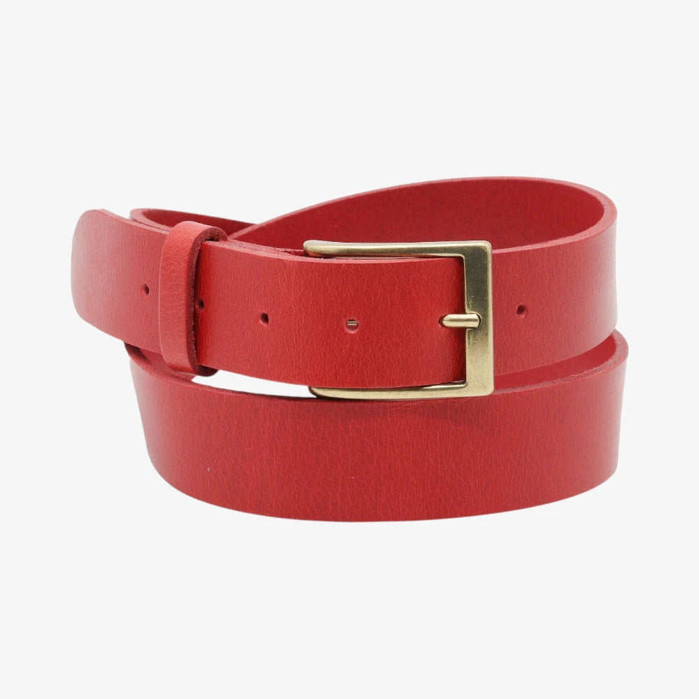 Red belt with a gold buckle on a white background
