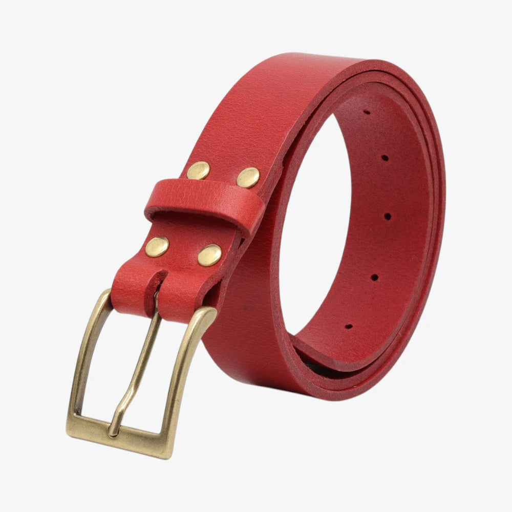 Red leather belt with a gold buckle on a white background