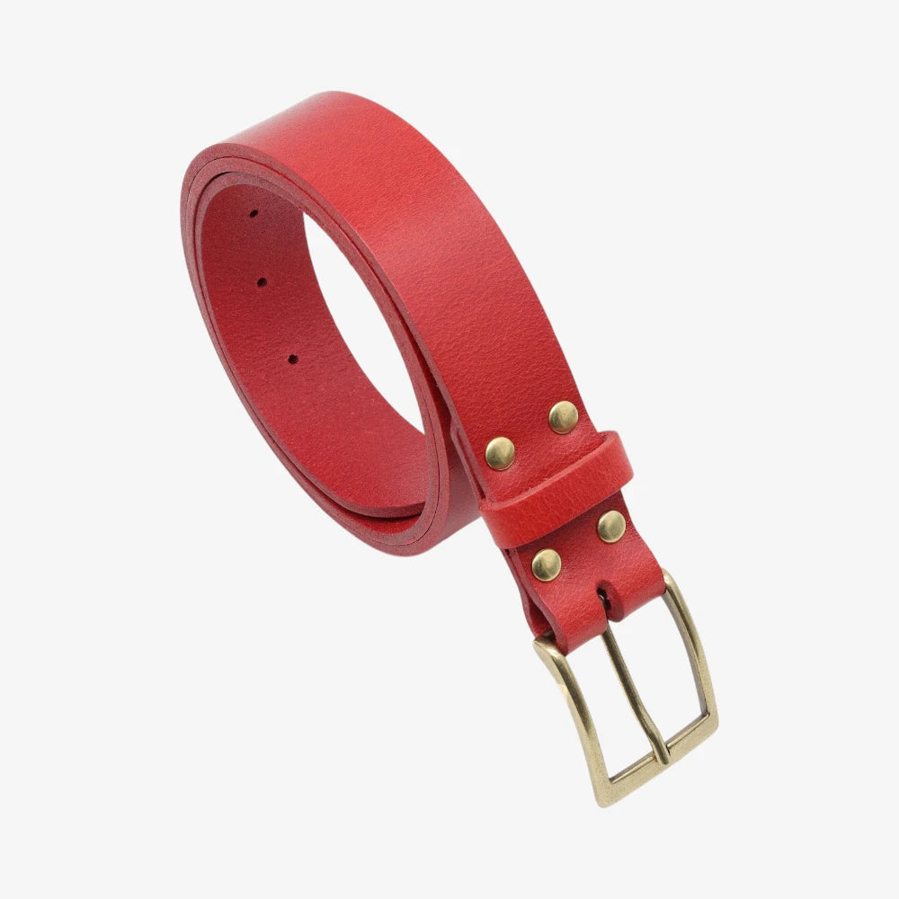 Red belt with a gold buckle on a white background