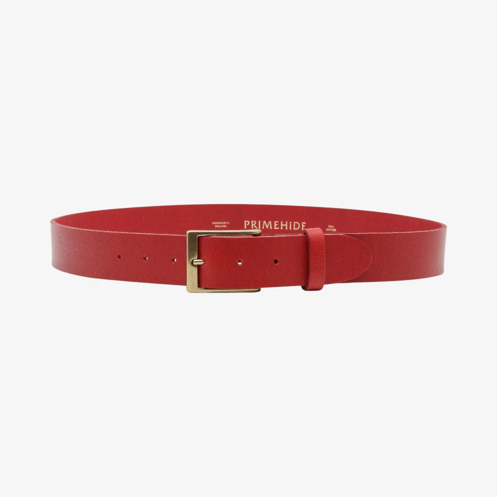 Full width view of Red belt with a gold buckle on a white background