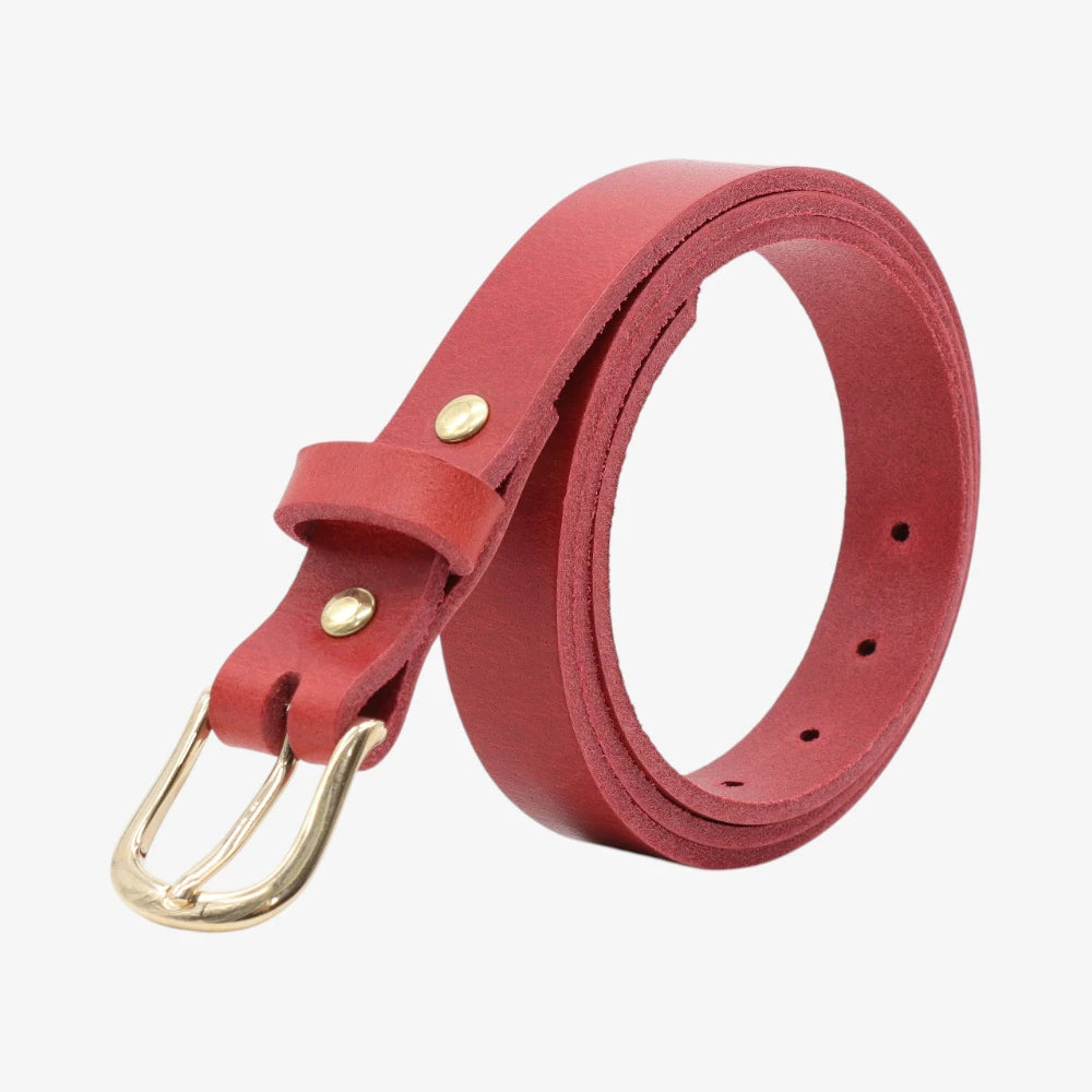 Red leather belt with gold buckle on a white background