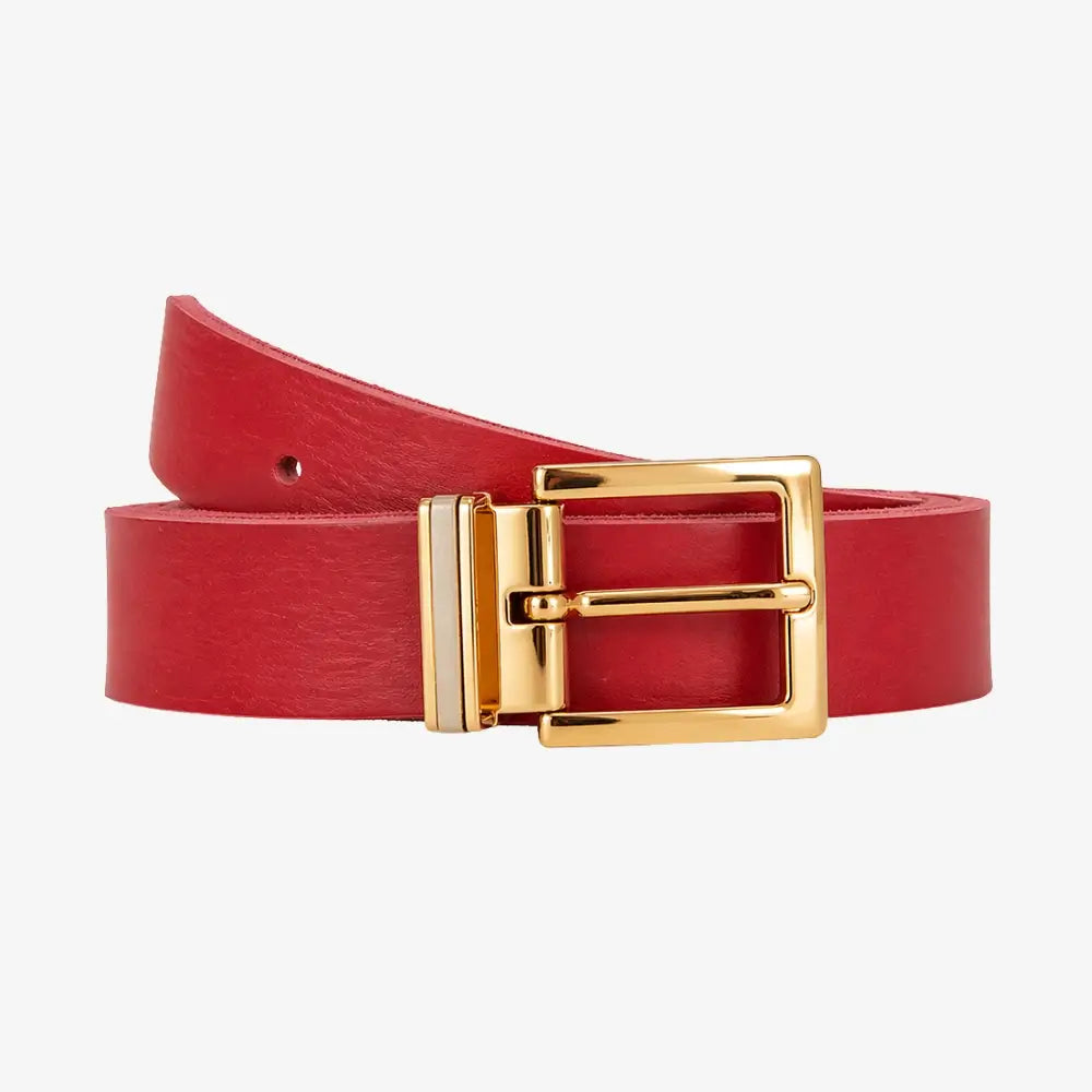 Front view of Red belt with a gold buckle on a light gray background