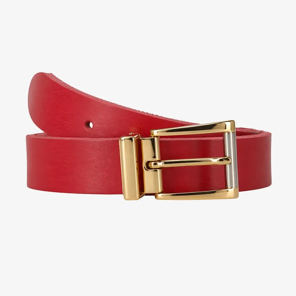 Front view of Red belt with a gold buckle on a white background