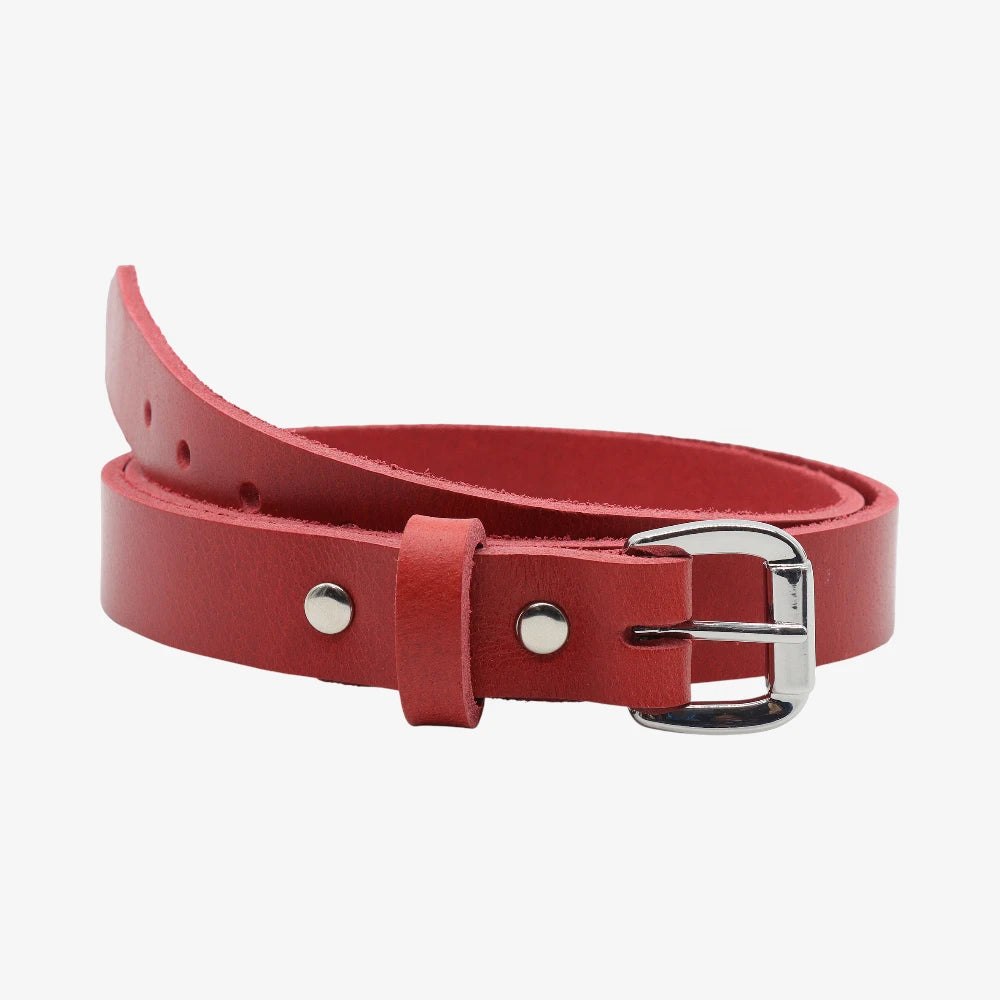 Front view of Red belt with a silver buckle on a white background