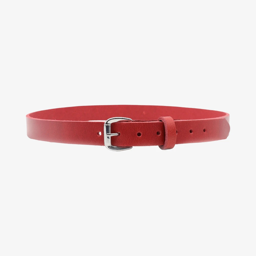 Full width view of Red belt with a silver buckle on a white background