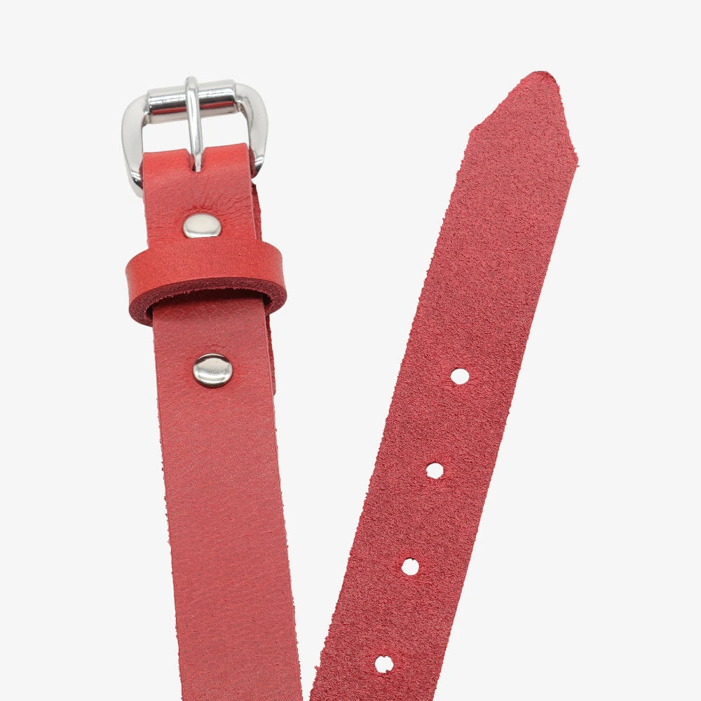 Top angle view of Red leather belt with silver buckle on a white background
