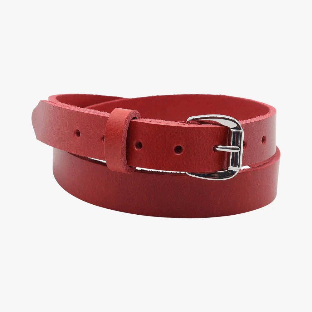 Red leather belt with a silver buckle on a white background