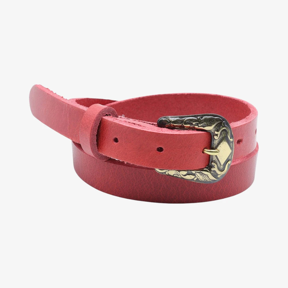 Front view of Red leather women slim belt antique brass horse buckle on a grey background