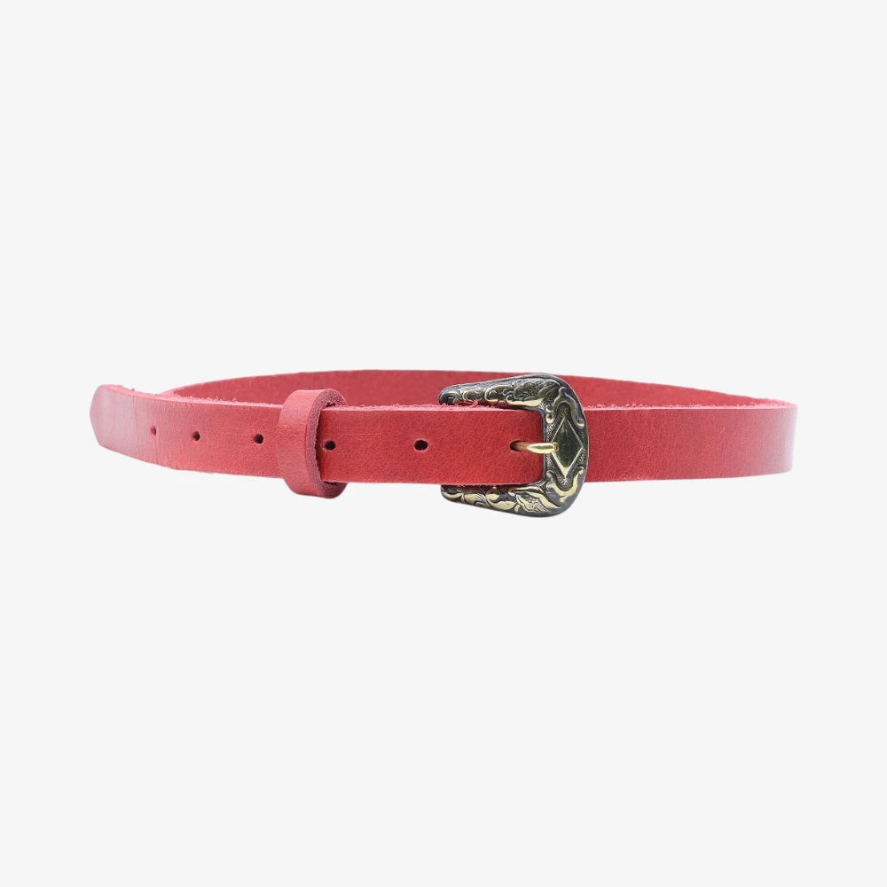 Full width view of Red leather women slim belt antique brass horse buckle on a grey background
