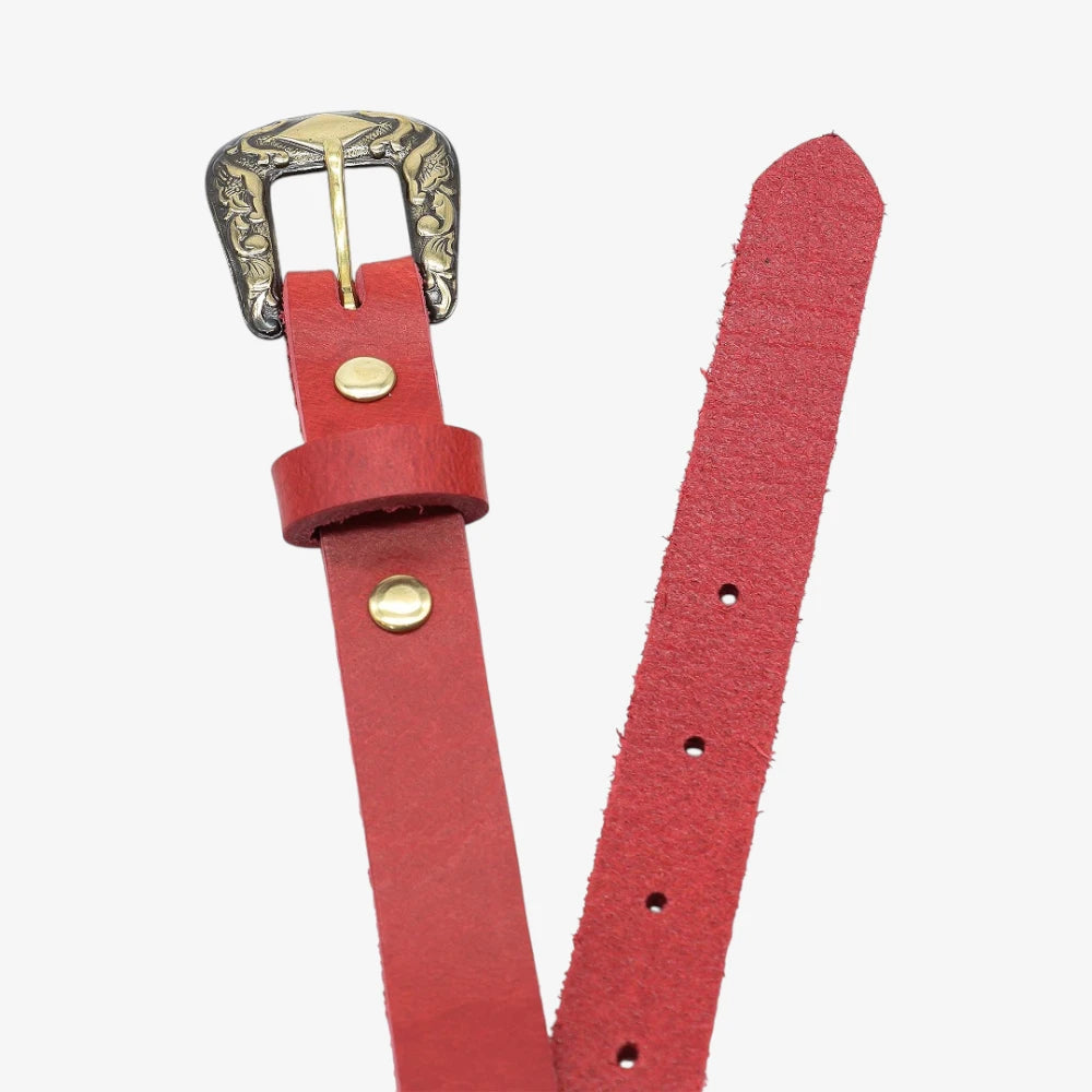 Top angle view of Red leather women slim belt antique brass horse buckle on a grey background