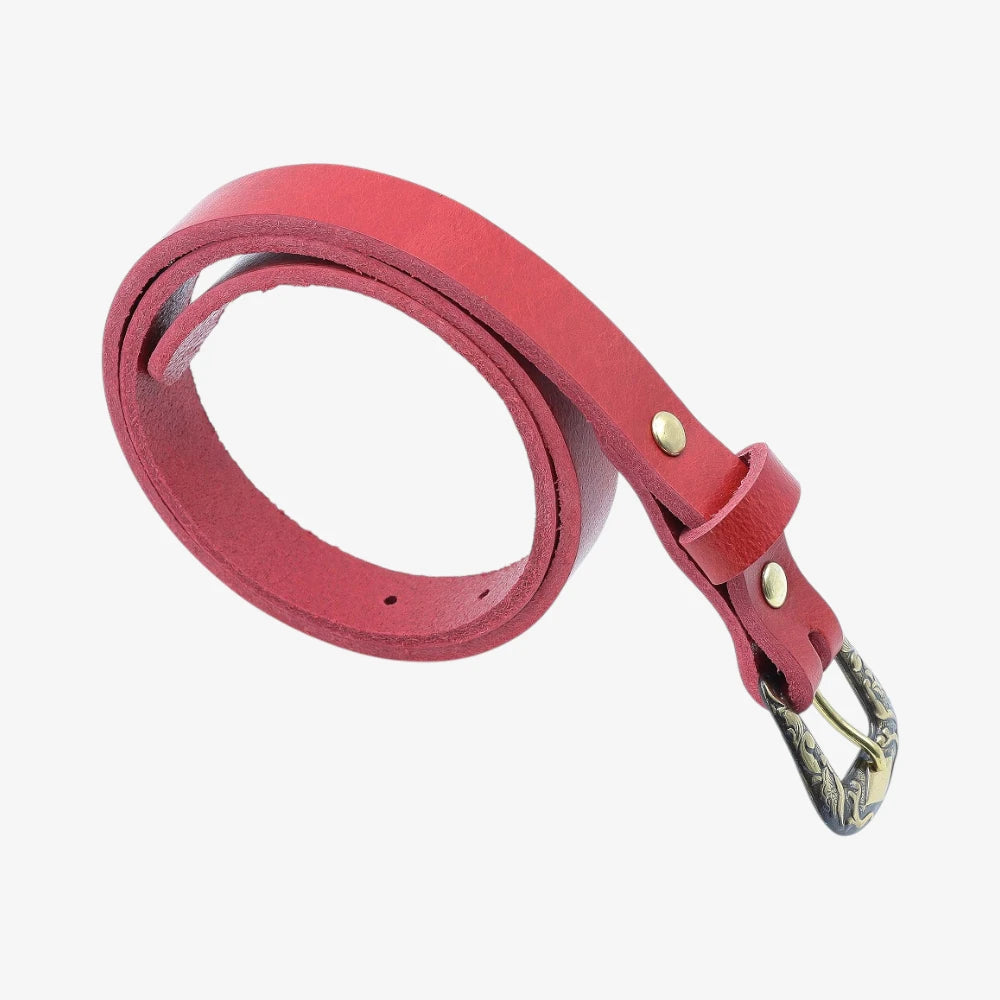 Red leather women slim belt antique brass horse buckle on a grey background