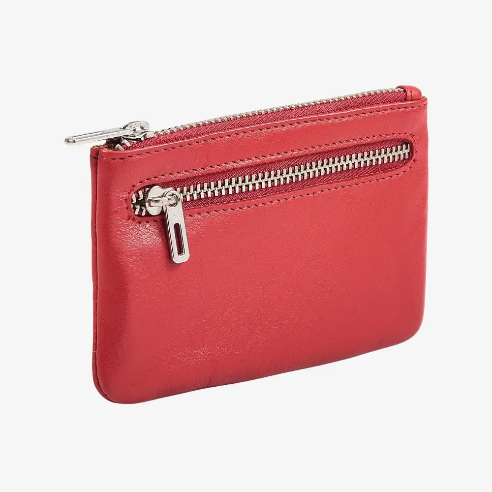 Red real leather coin purse with twin zip compartments