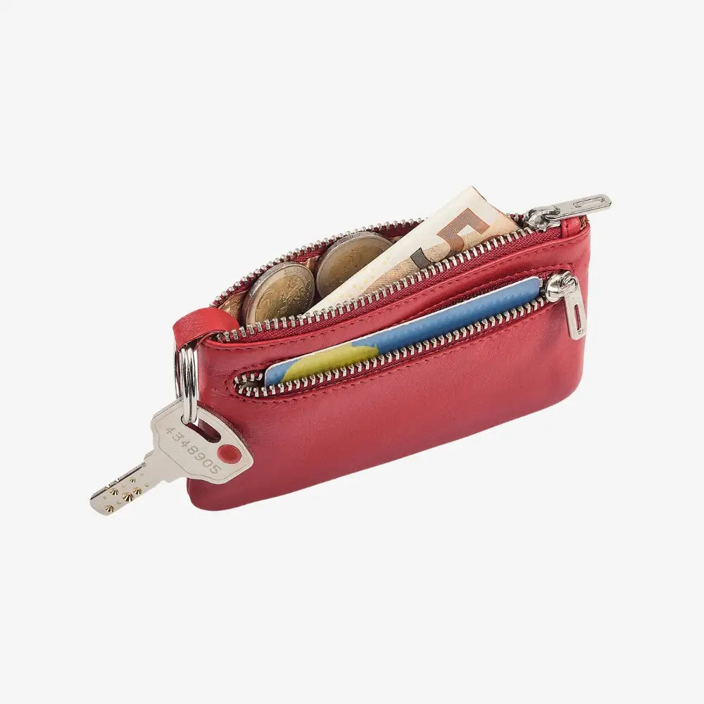 Red leather coin purse for women with double zip closure