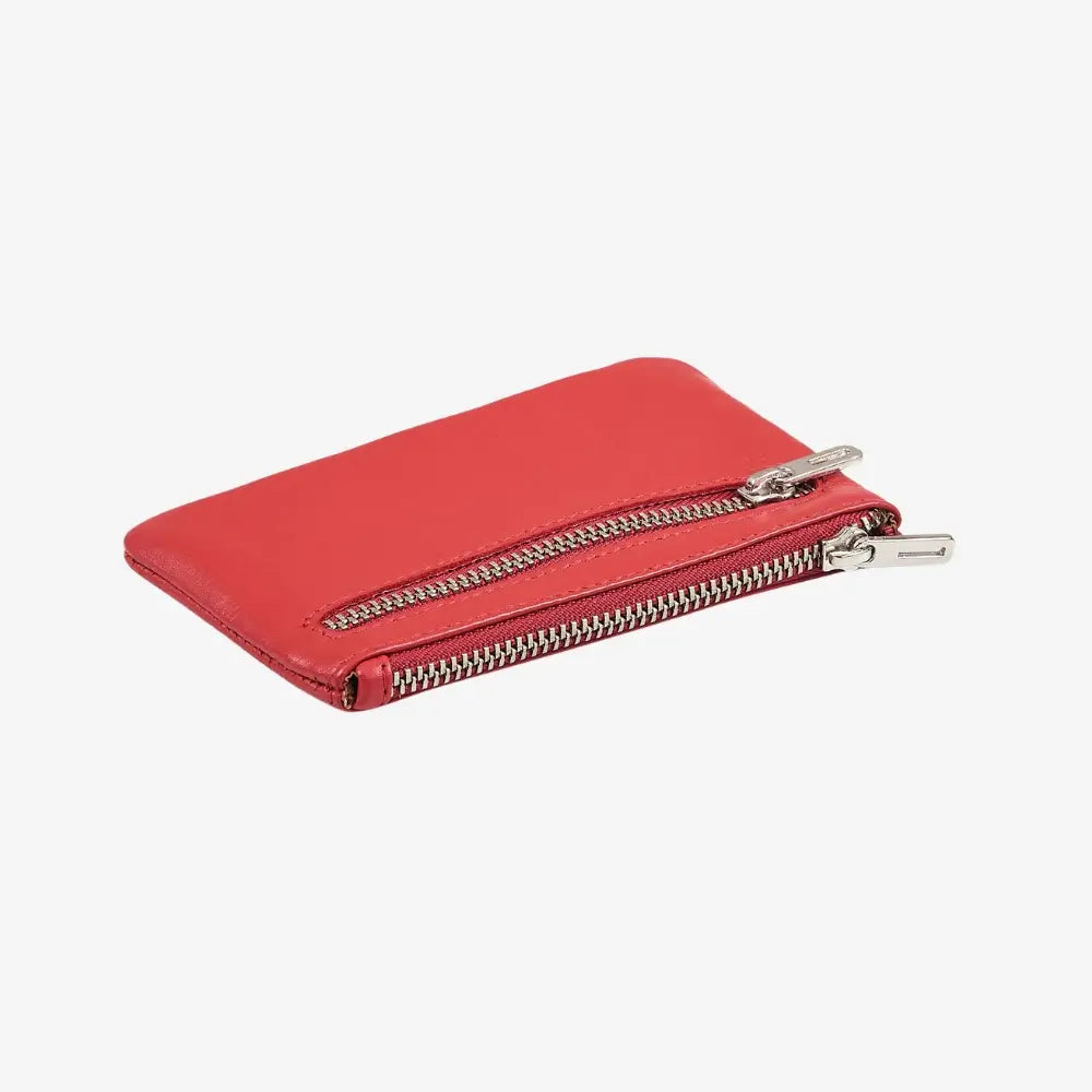 Red real leather coin pouch with secure twin zip sections