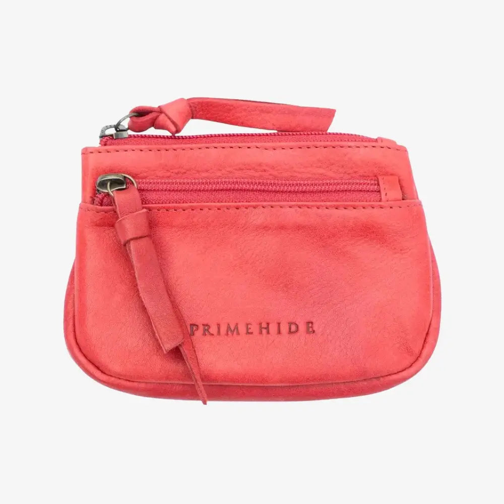 Red leather pouch with a strap on a white background, featuring the brand 'Primehide'.
