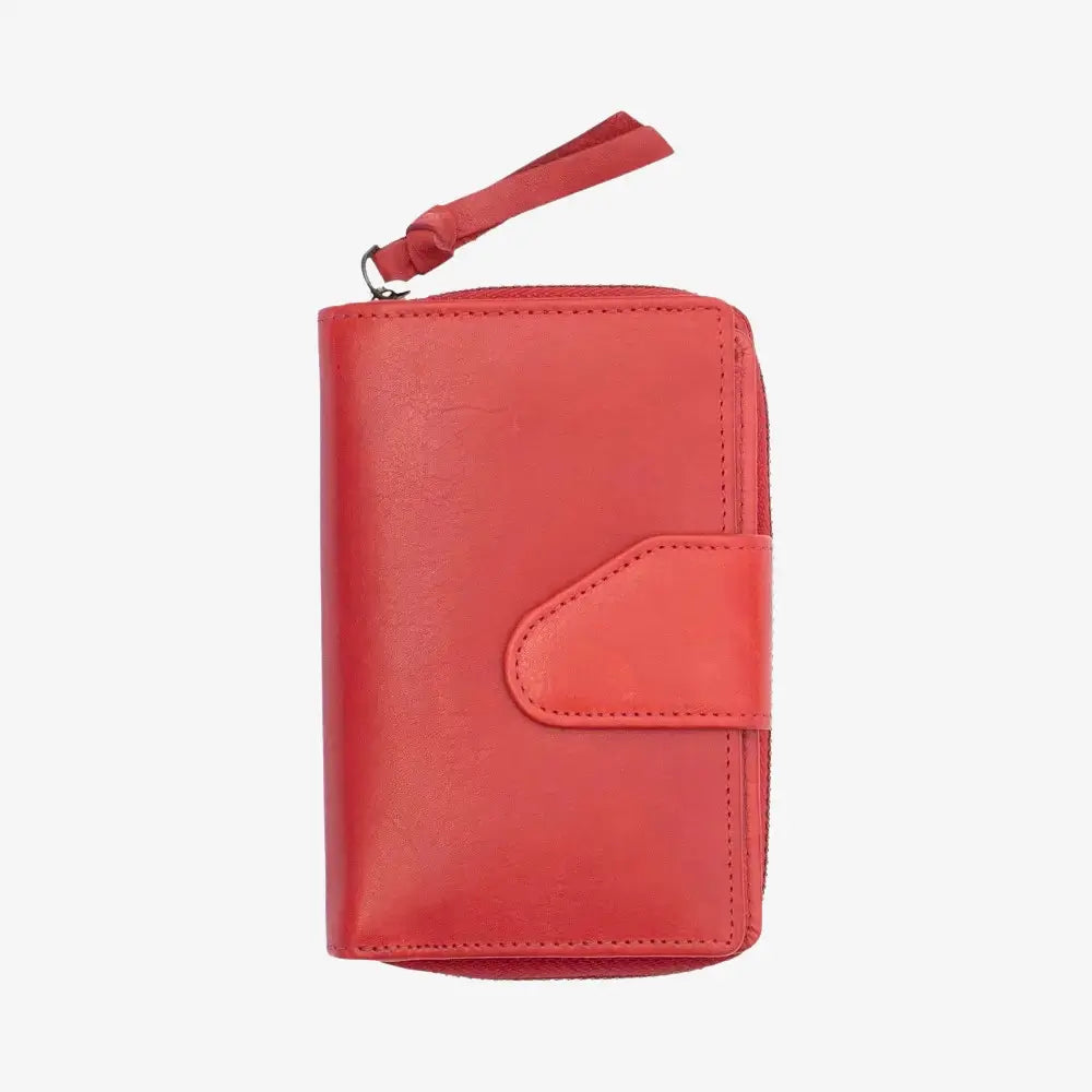 Red Renata bifold purse in washed Cancun leather finish