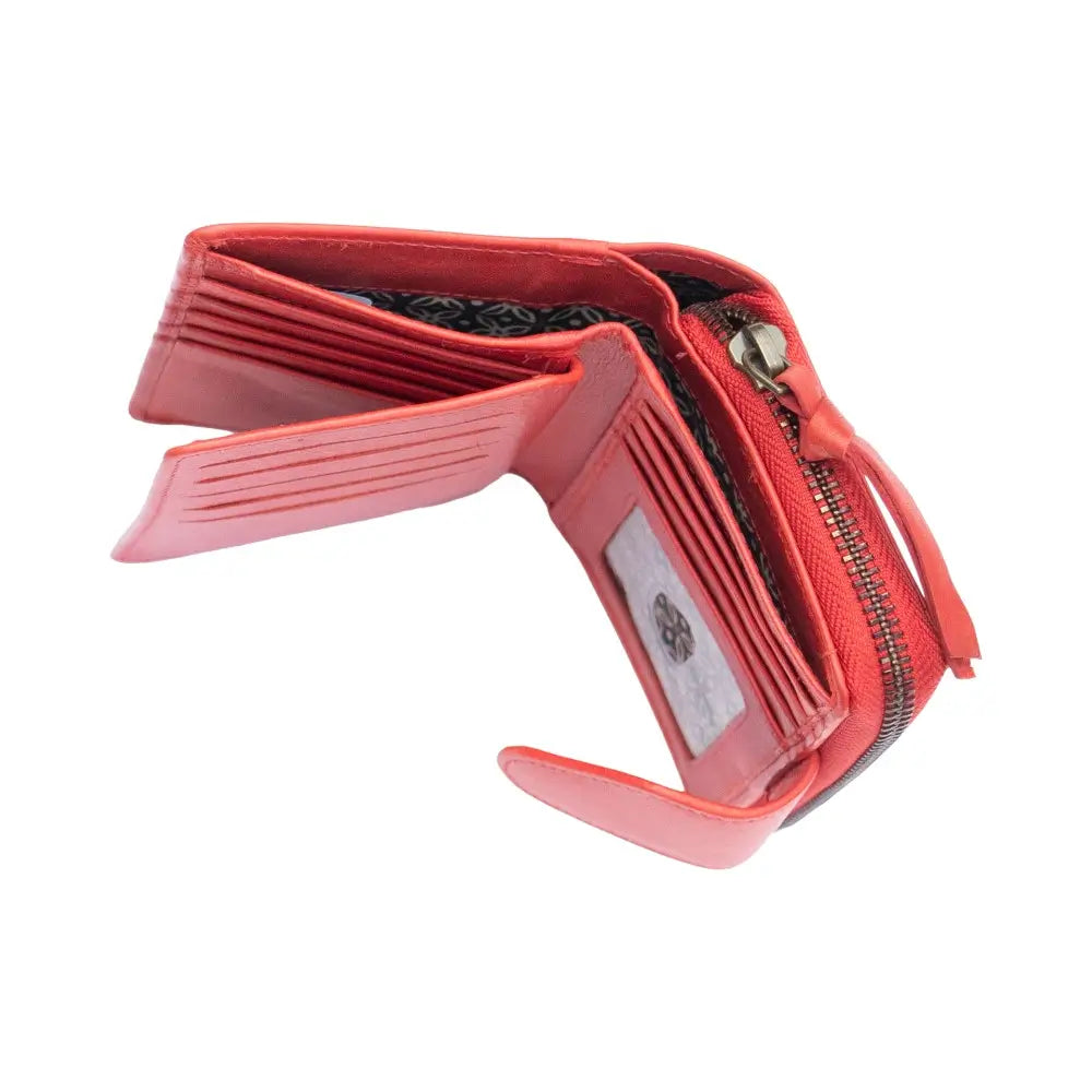 Red wallet with a visible brand logo on a white background