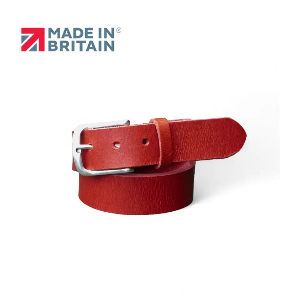 Red leather belt with silver buckle on a white background, featuring 'Made in Britain' logo.
