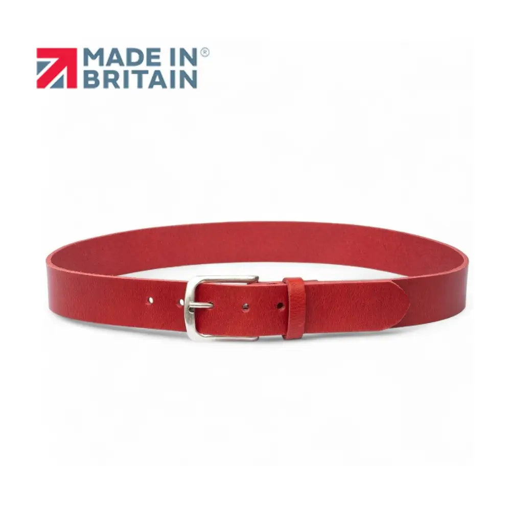 Red belt with a silver buckle on a white background, featuring the 'Made in Britain' logo.