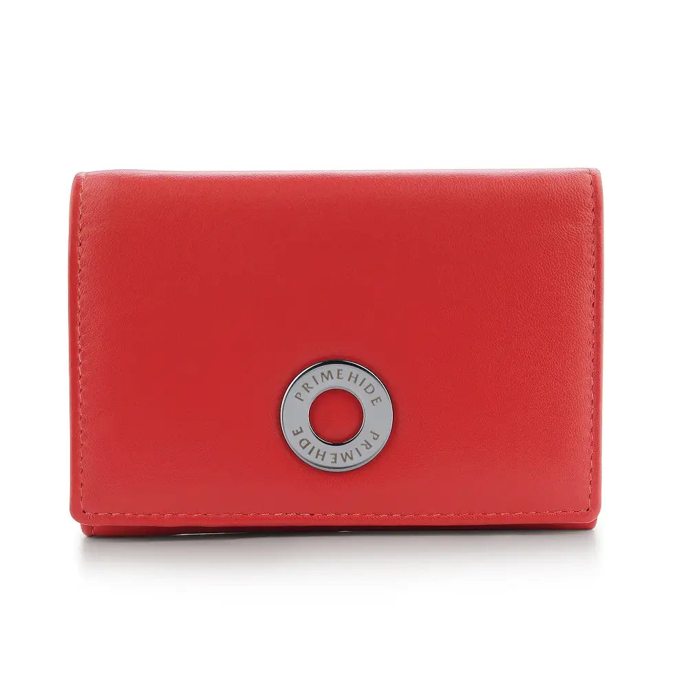 Red wallet with a circular brand logo on a white background