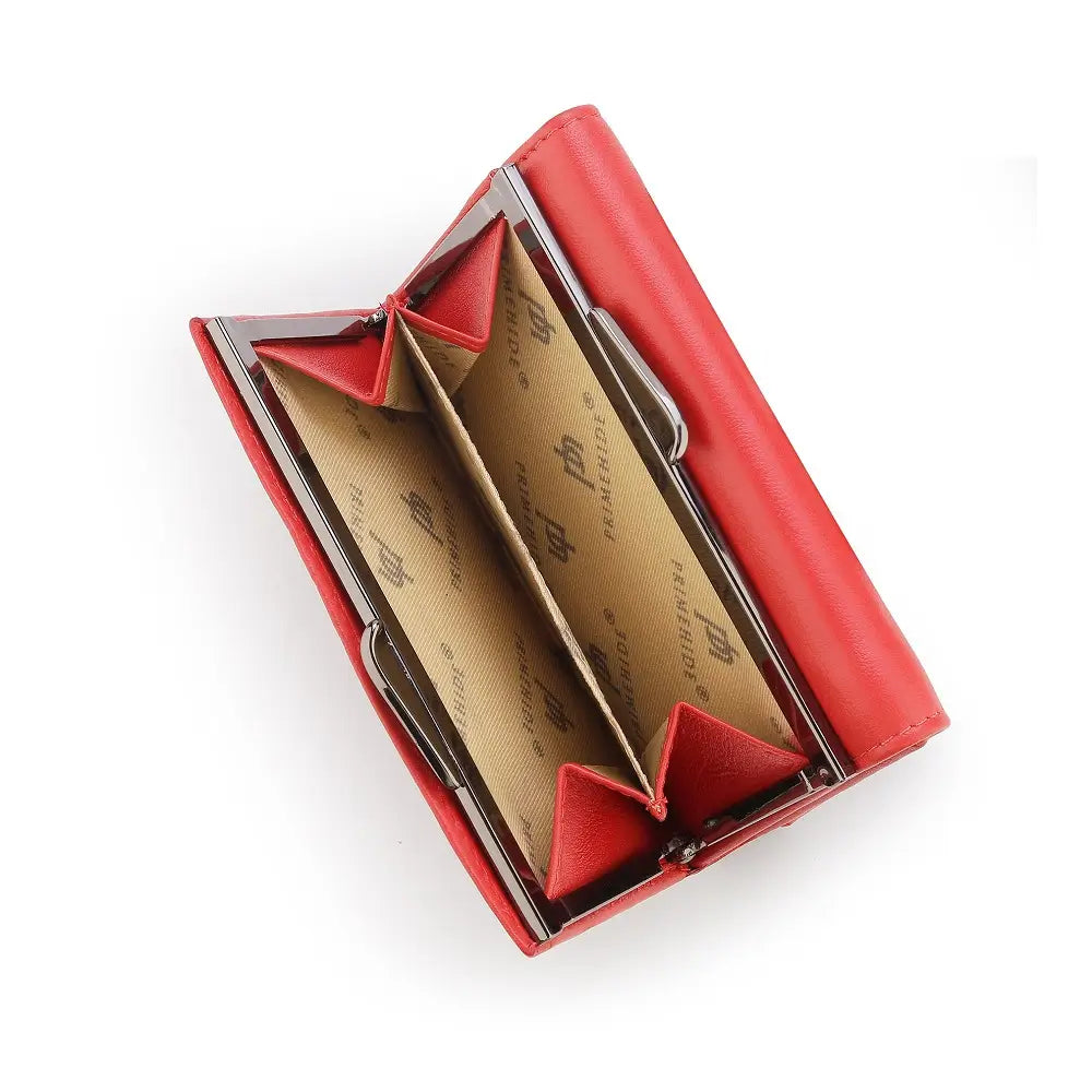 Red business card holder with a white background