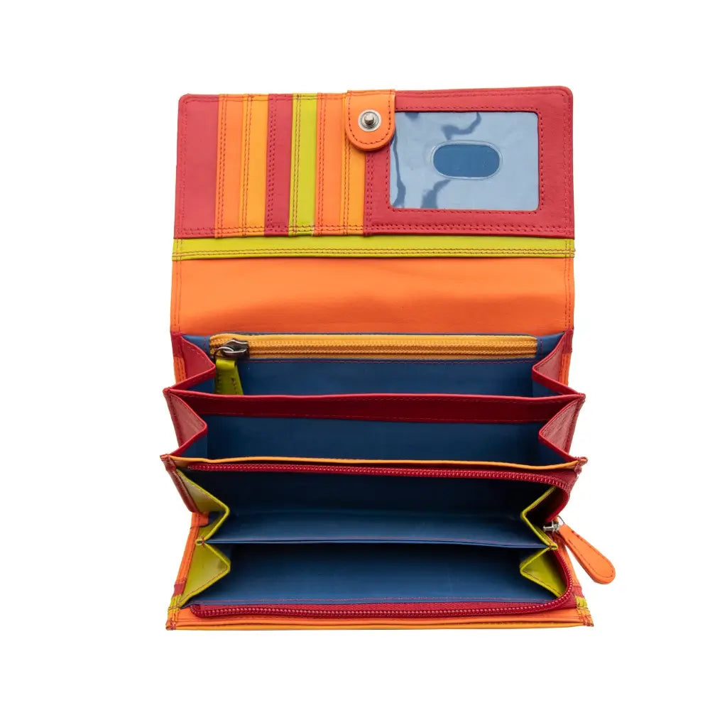 Colorful wallet with multiple compartments on a white background