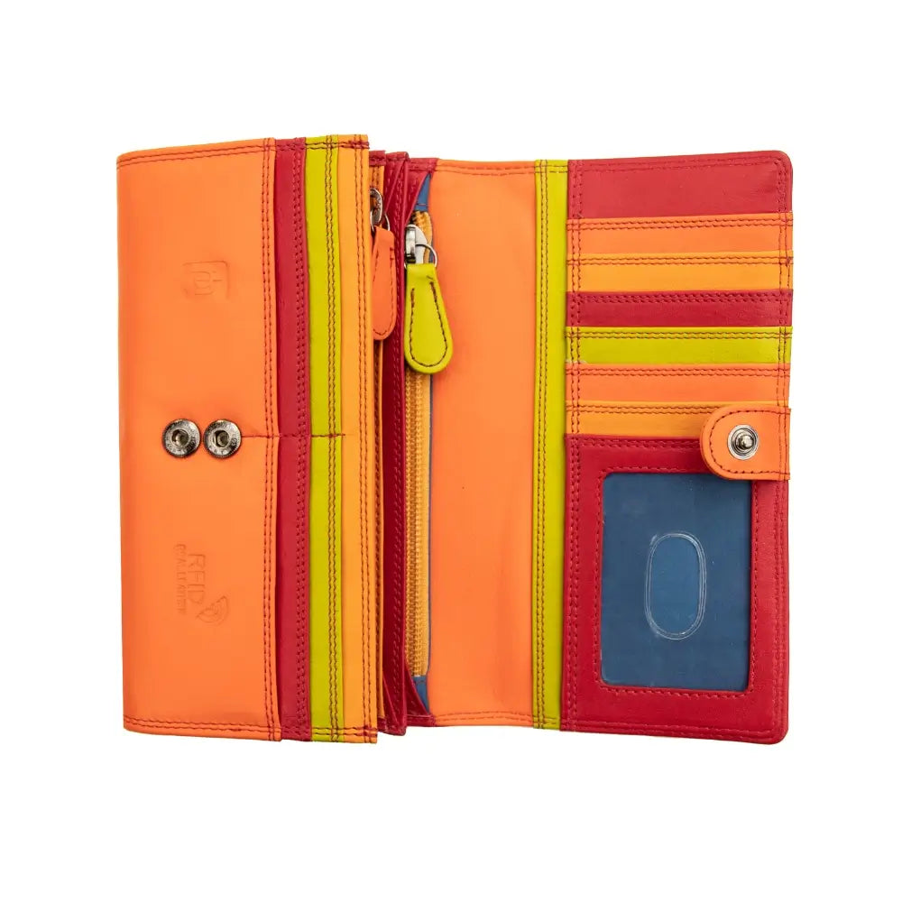 Colorful wallet with orange, red, and yellow stripes on a white background