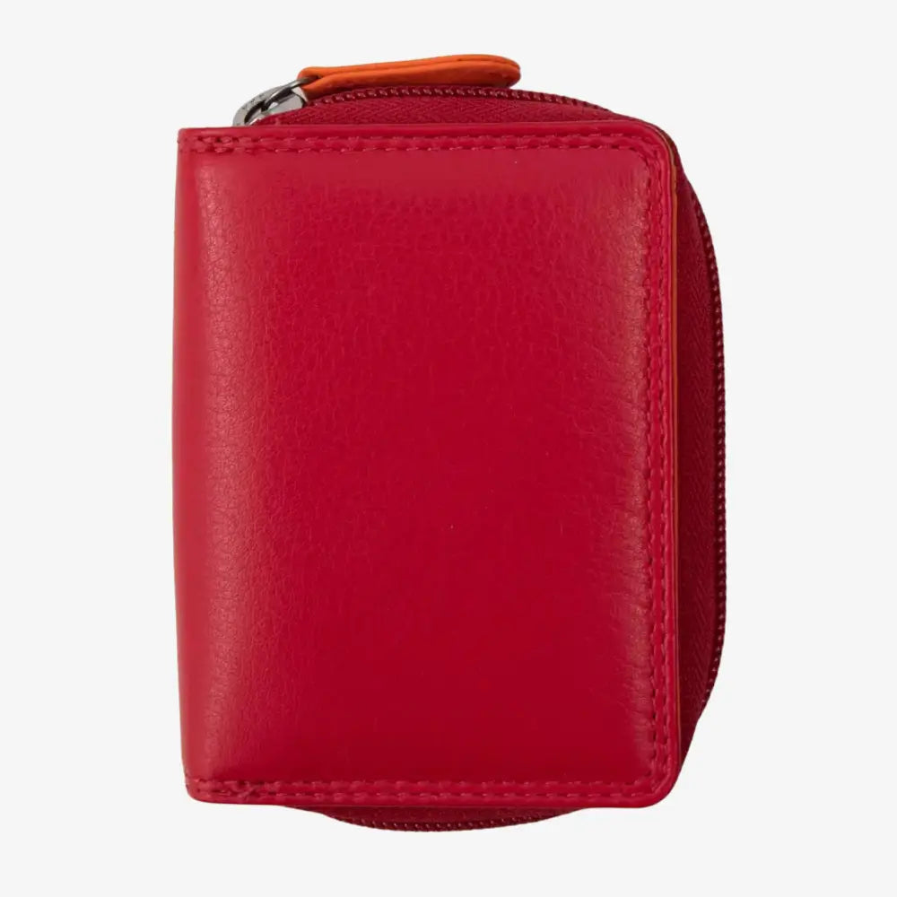 A red leather zip-around wallet with a silver metal zipper pull and an orange tab accent, shown on a plain light gray background.