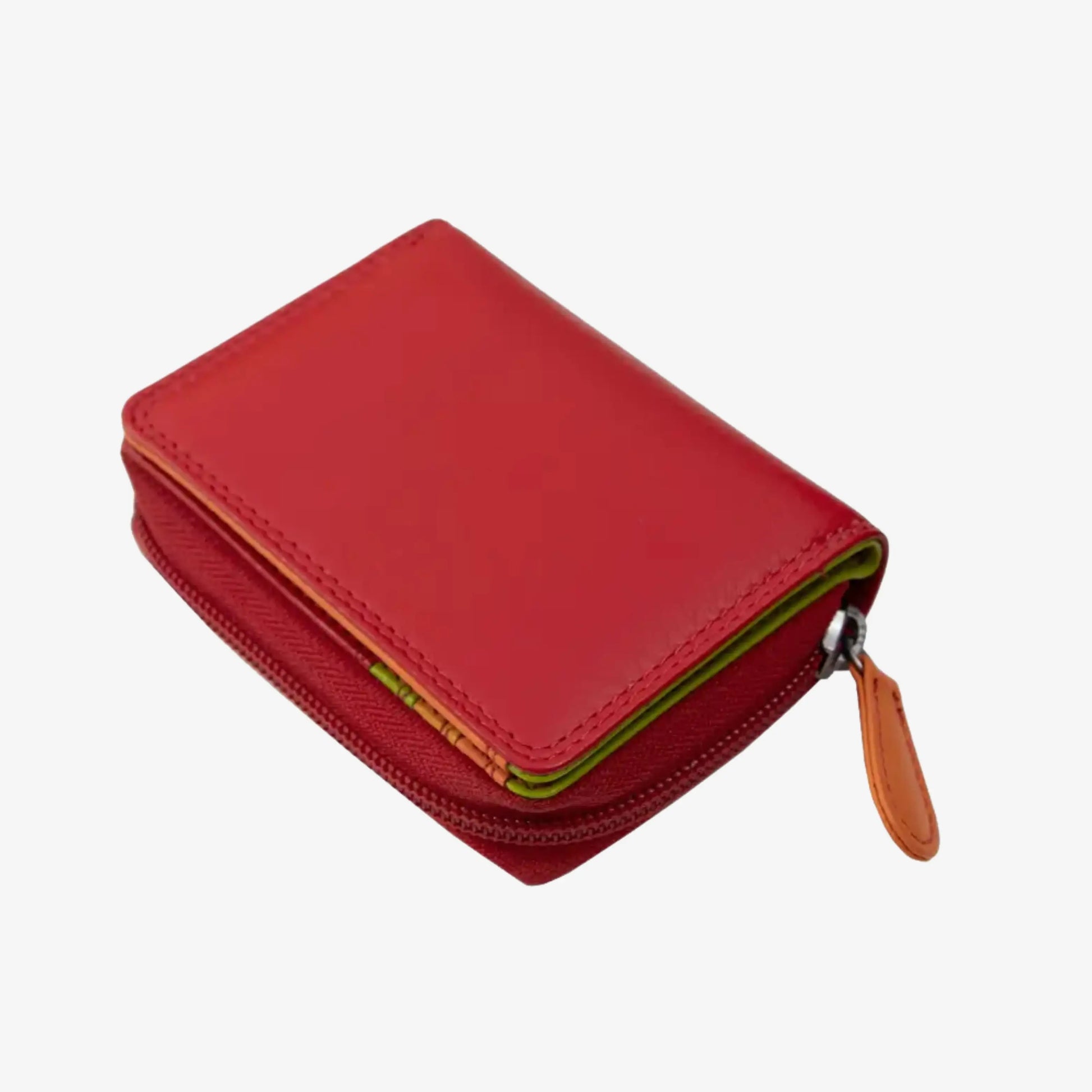 A red leather zip-around wallet with a textured exterior, smooth red interior lining, and a small orange-brown leather pull tab on a light gray background.