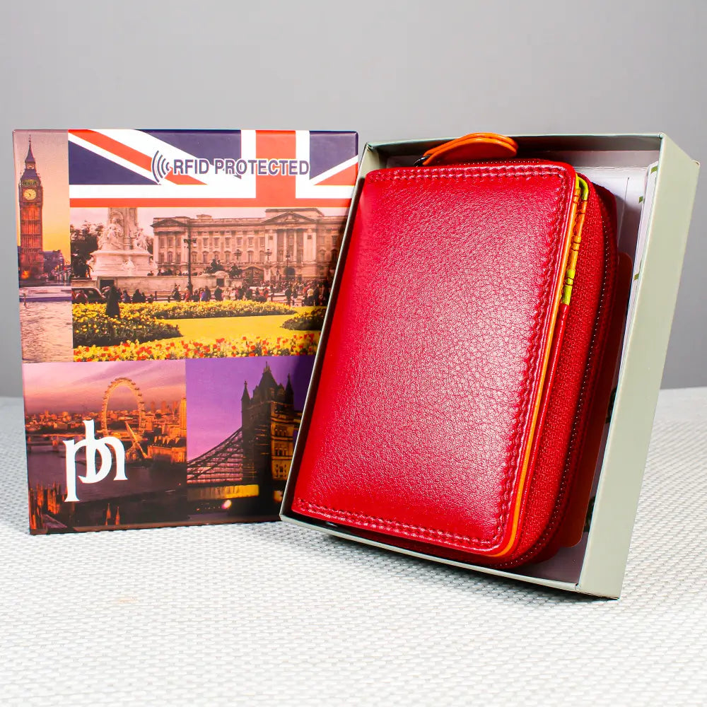Red wallet  in a box featuring British landmarks