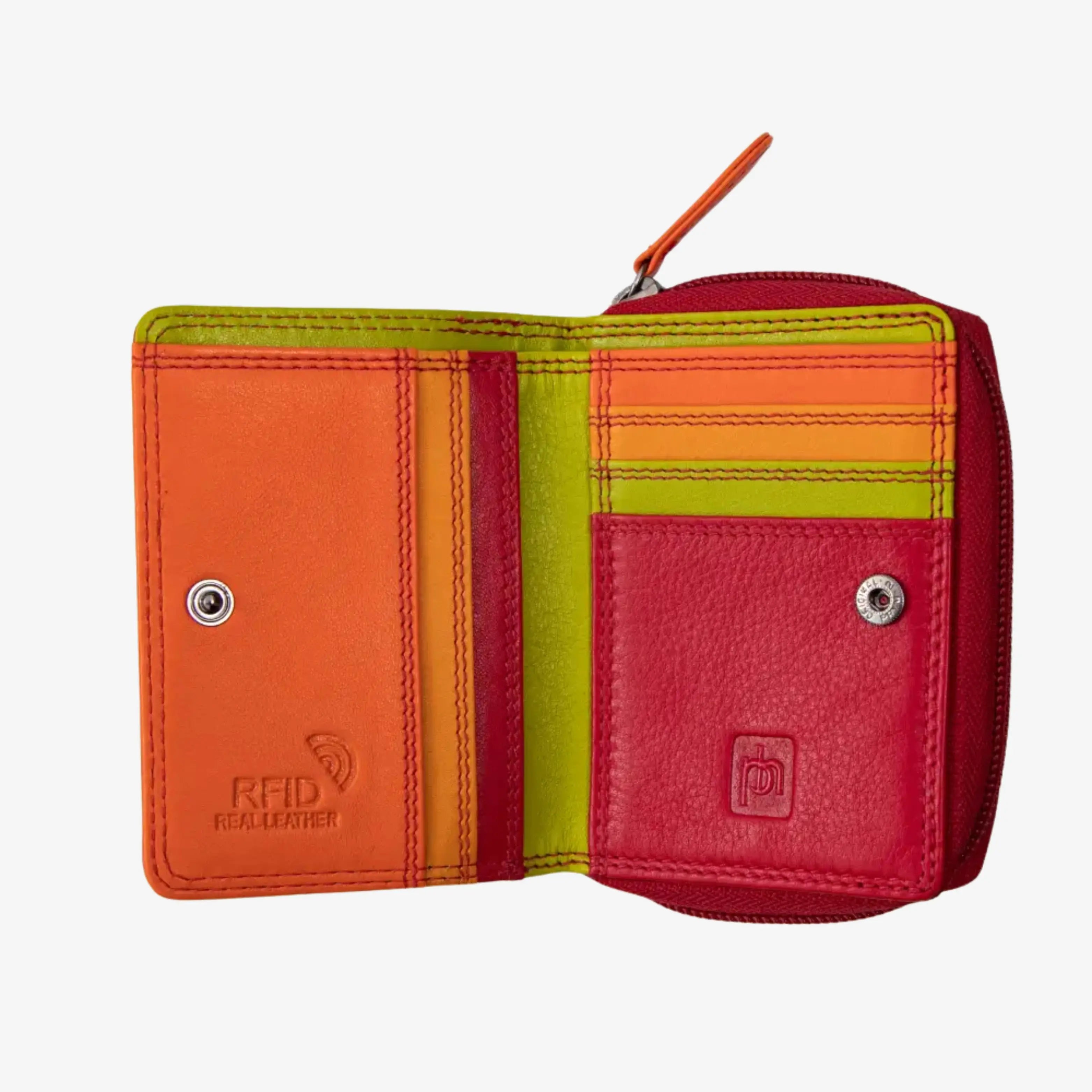 A small zip-around wallet shown open on a light gray background, featuring a multicolor leather design with orange, red, yellow, and lime green sections, card slots, and metal snap closures.