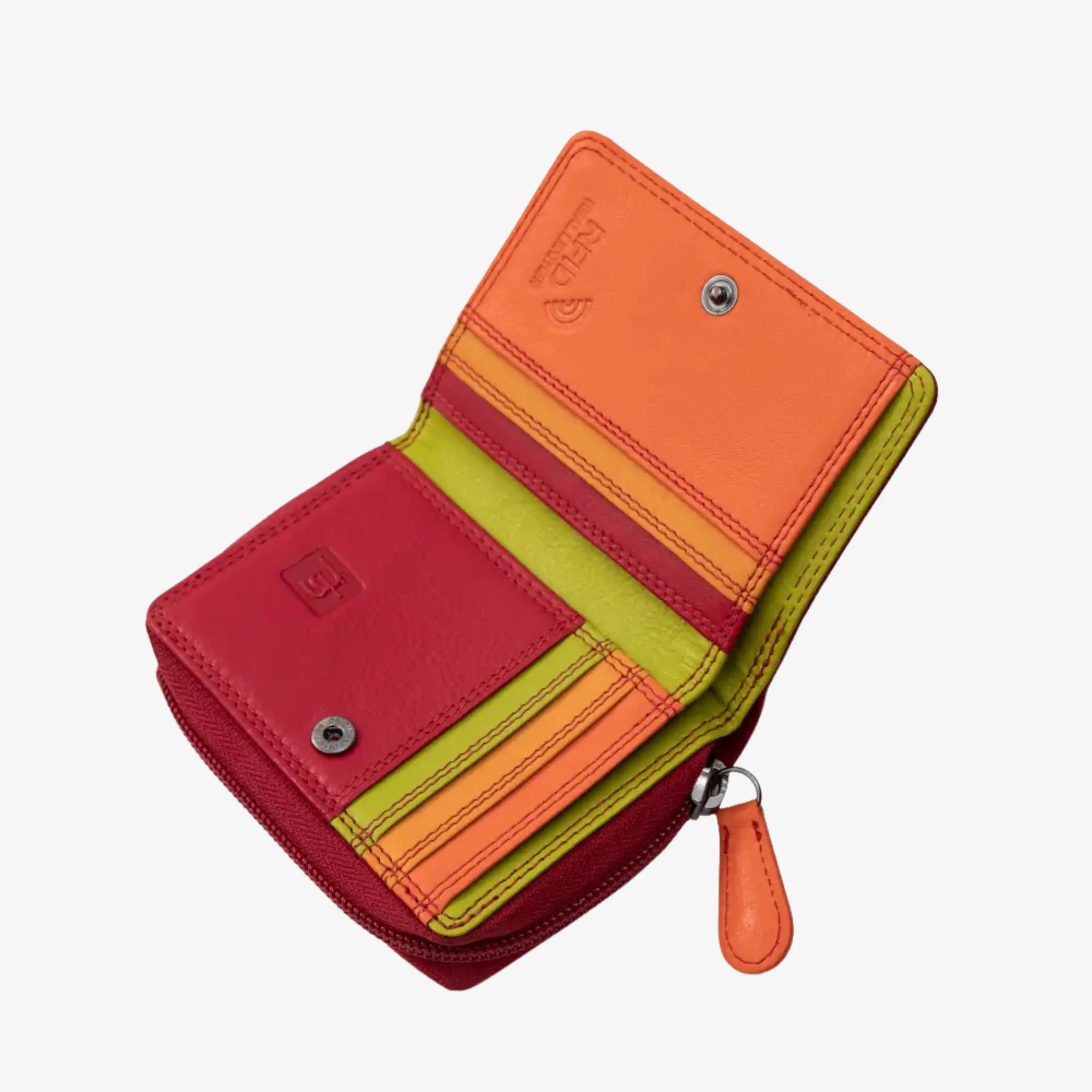 A small zip-around wallet shown open on a light gray background, featuring color-blocked panels in red, orange, and lime green with card slots and metal snap closures.