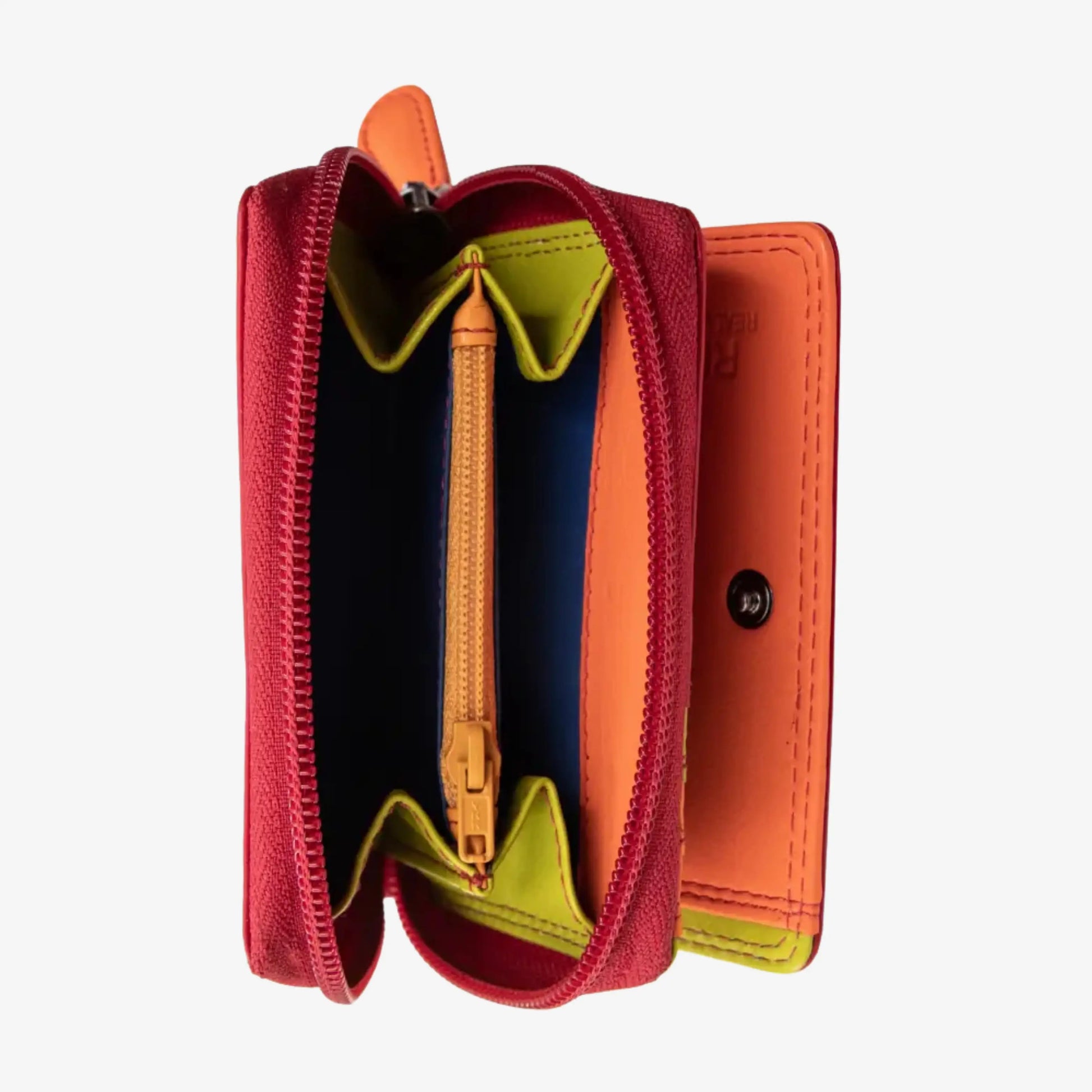 An open multi-colored leather wallet with a red exterior, orange interior, lime green card slots, and a navy blue lining, shown on a light gray background.