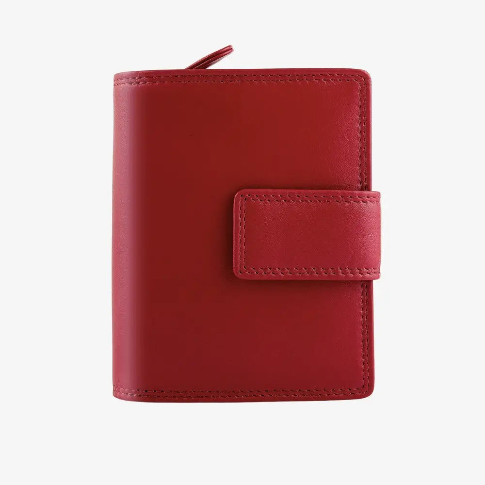 Soft red leather trifold purse with secure tab fastening – front view