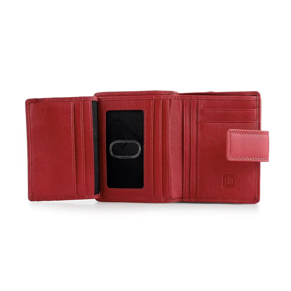 Soft red leather trifold purse with secure tab fastening – open view