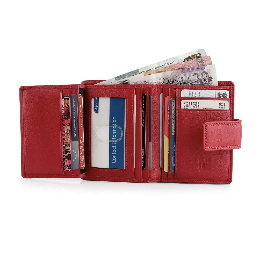 Soft red leather trifold purse with secure tab fastening – organised view