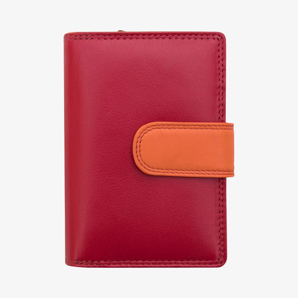 Red leather wallet with an orange flap on a white background