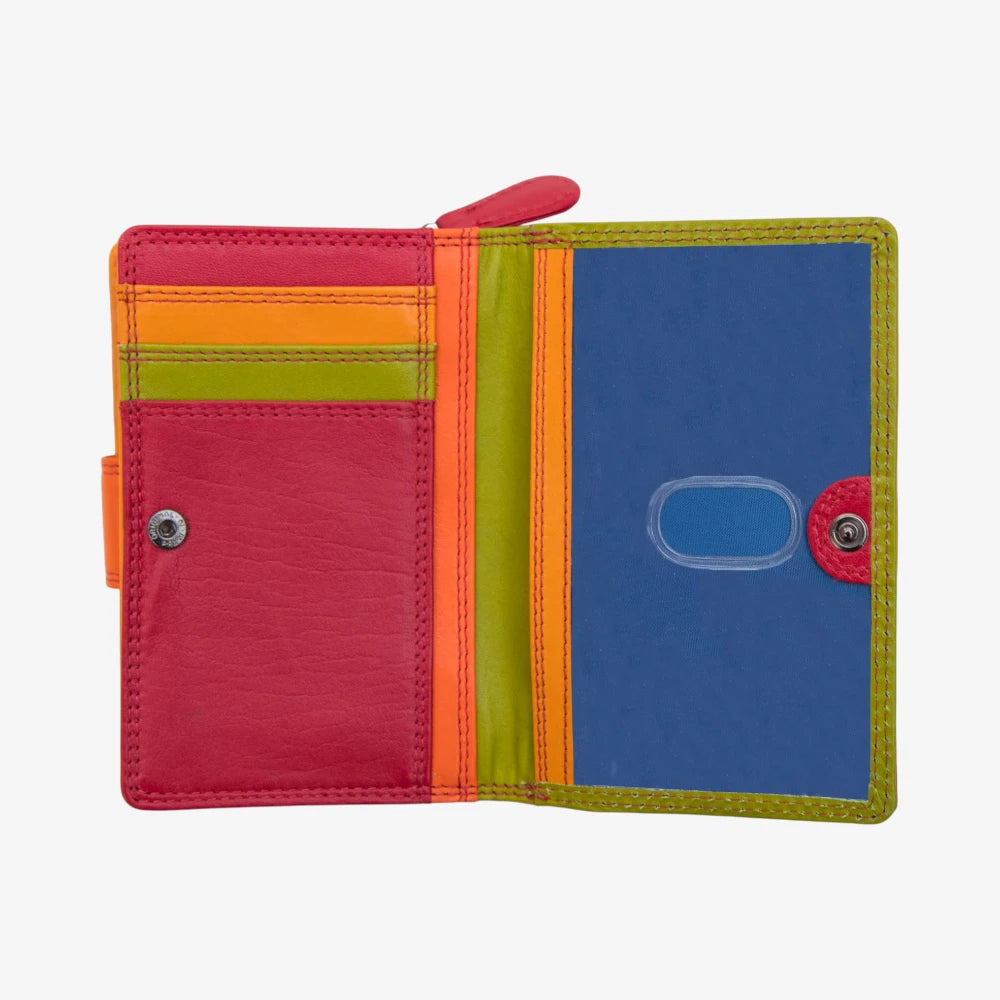 Red wallet with multiple card slots on a white background