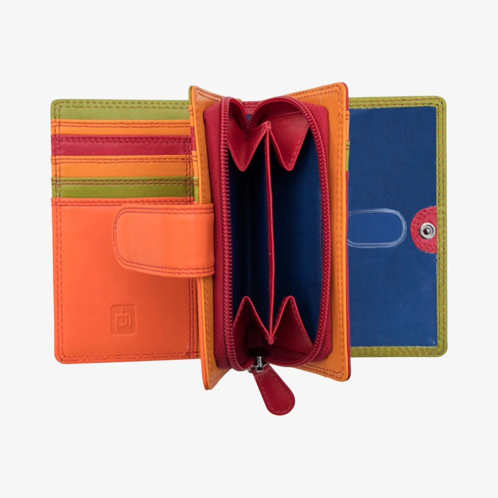 Red wallet with orange, red, and green sections on a white background