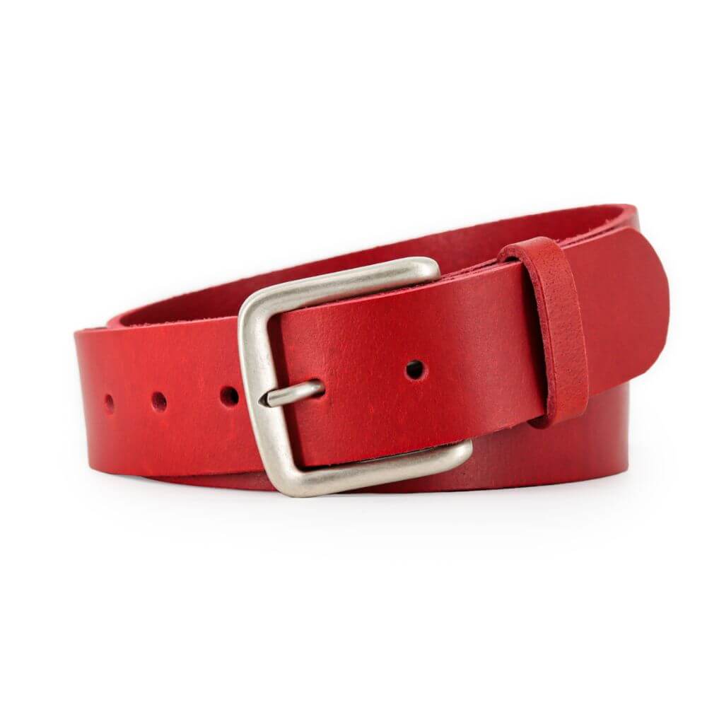 Red belt with a silver buckle on a white background
