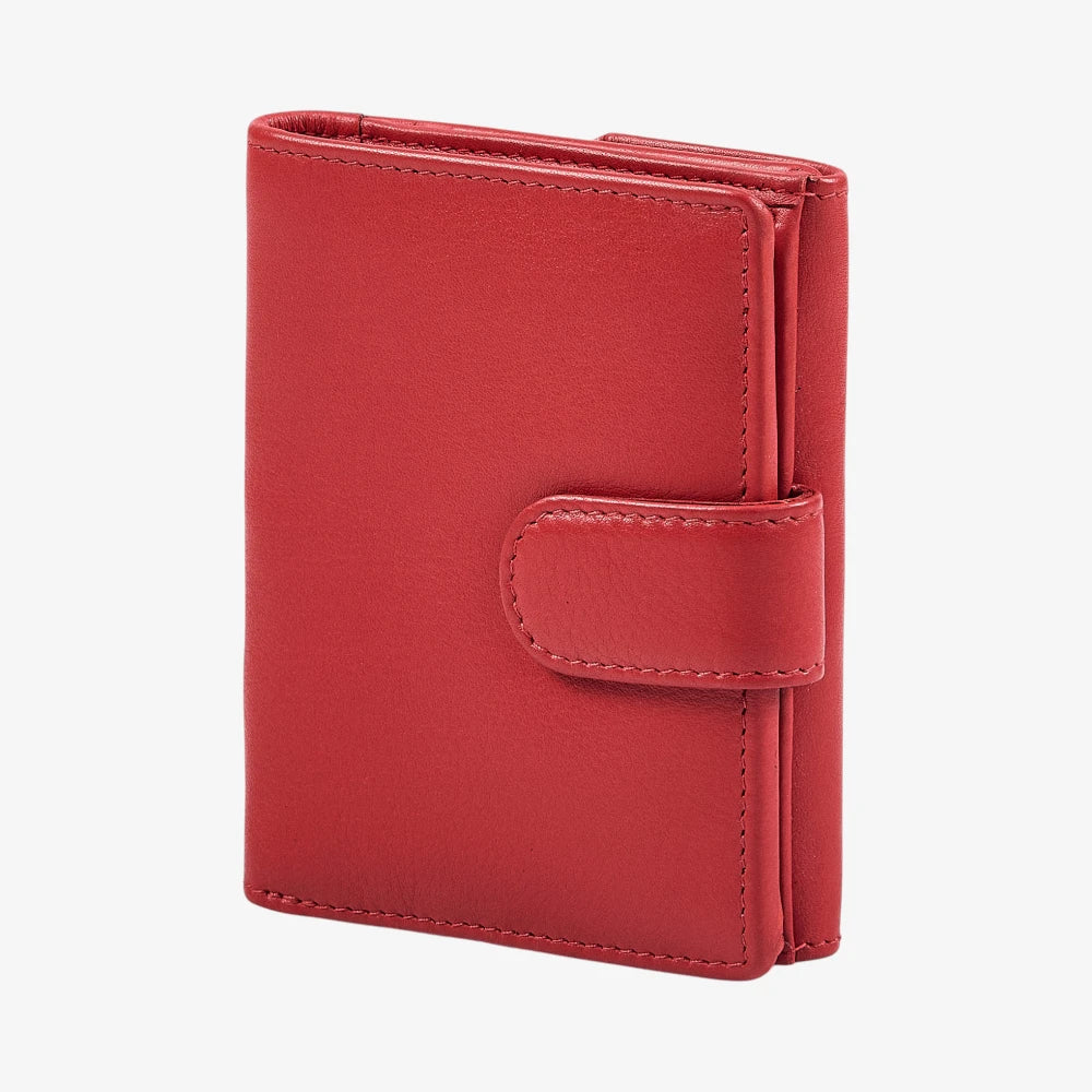 Compact red leather wallet for women with press stud fastening