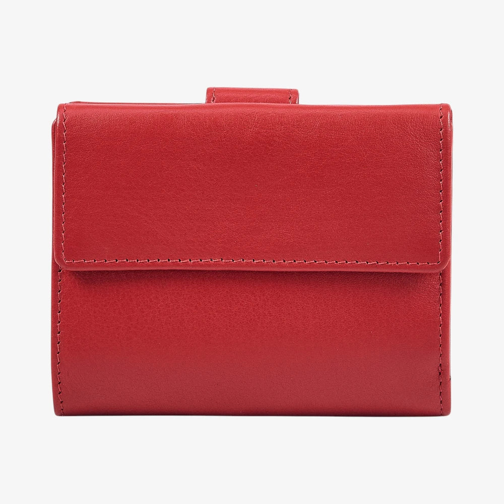 Compact red leather wallet for women with press stud fastening