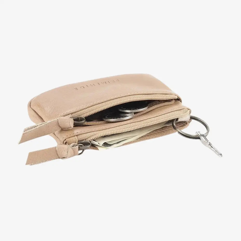Sand wallet with coins, cards, and keys on a white background
