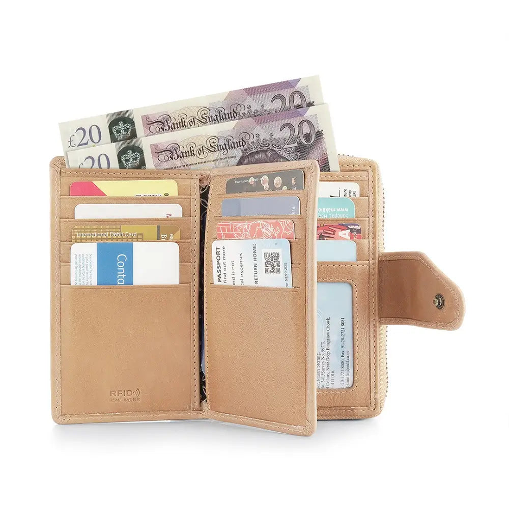 Interior of Sand Renata bifold purse showing card slots and compartments with RFID protection