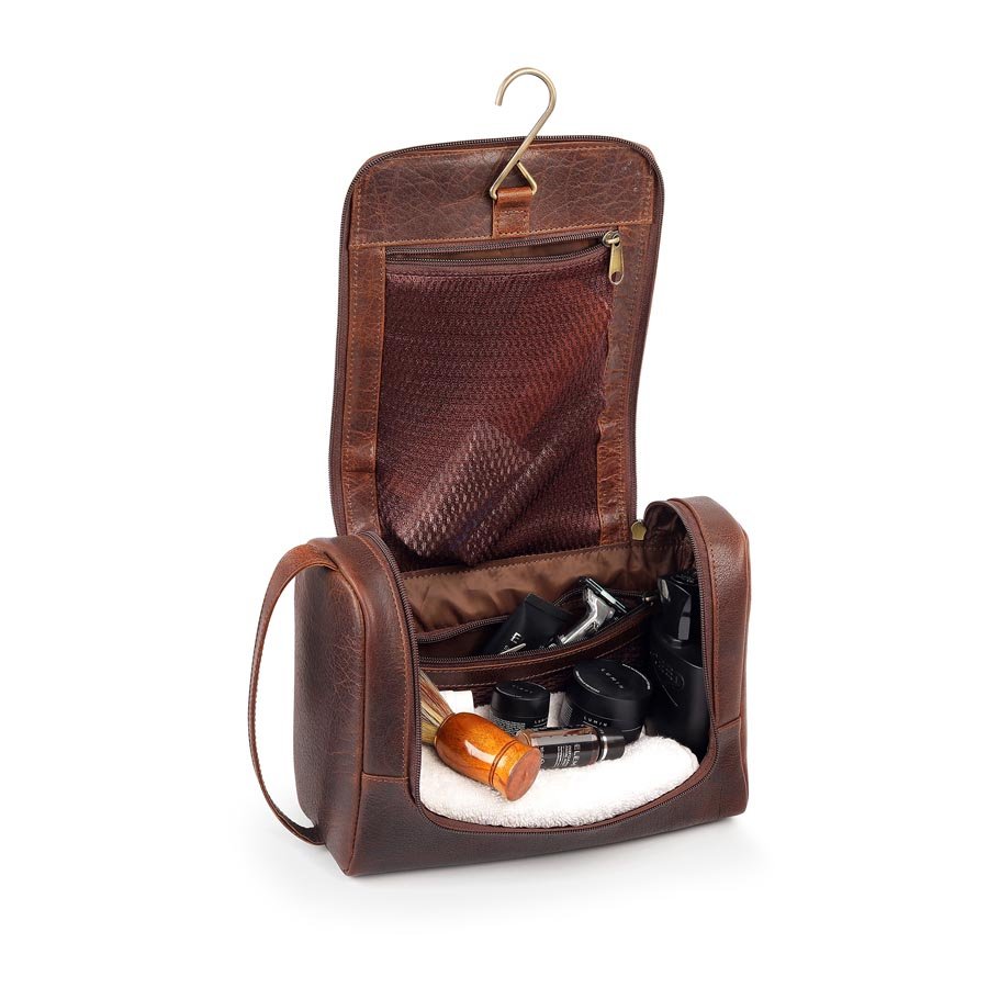 Luxury leather hanging wash bag for men with grooming items, ideal Father’s Day gift or travel toiletry bag.
