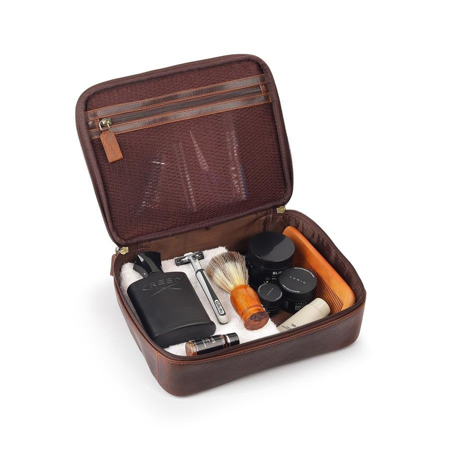 Savanah Leather Wash Bag packed