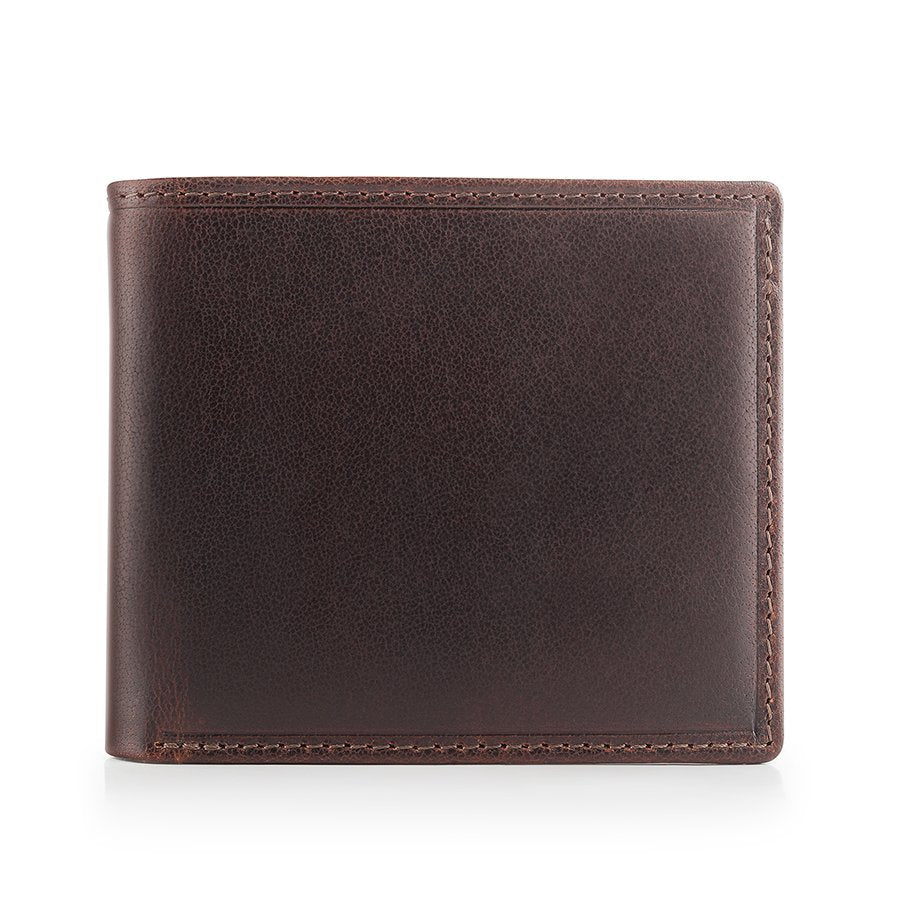 Classic brown bifold leather wallet with smooth finish, ideal gift for men with optional engraving or embossing.