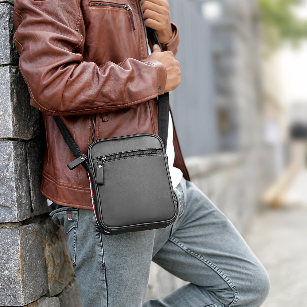 Small Leather Crossbody with Stripe Texan 8412 Black 1